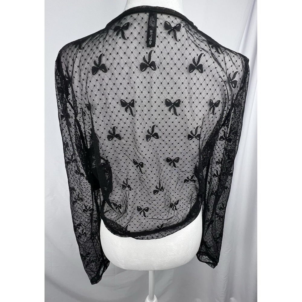 Bodyrage Black Sheer Mesh Bow Polka Dot Long Sleeve Top L/XL Goth Coquette Y2K - Picture 7 of 12